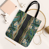 Hawaiian Art Flower Tribal with Lei Tote Bag Palaka Pattern Black Color LT03 Black Strap One Size Black - Polynesian Pride