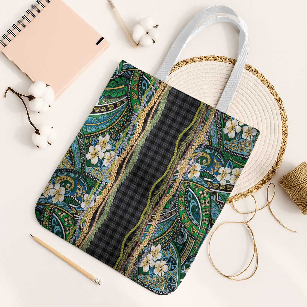 Hawaiian Art Flower Tribal with Lei Tote Bag Palaka Pattern Black Color LT03 White Strap One Size Black - Polynesian Pride