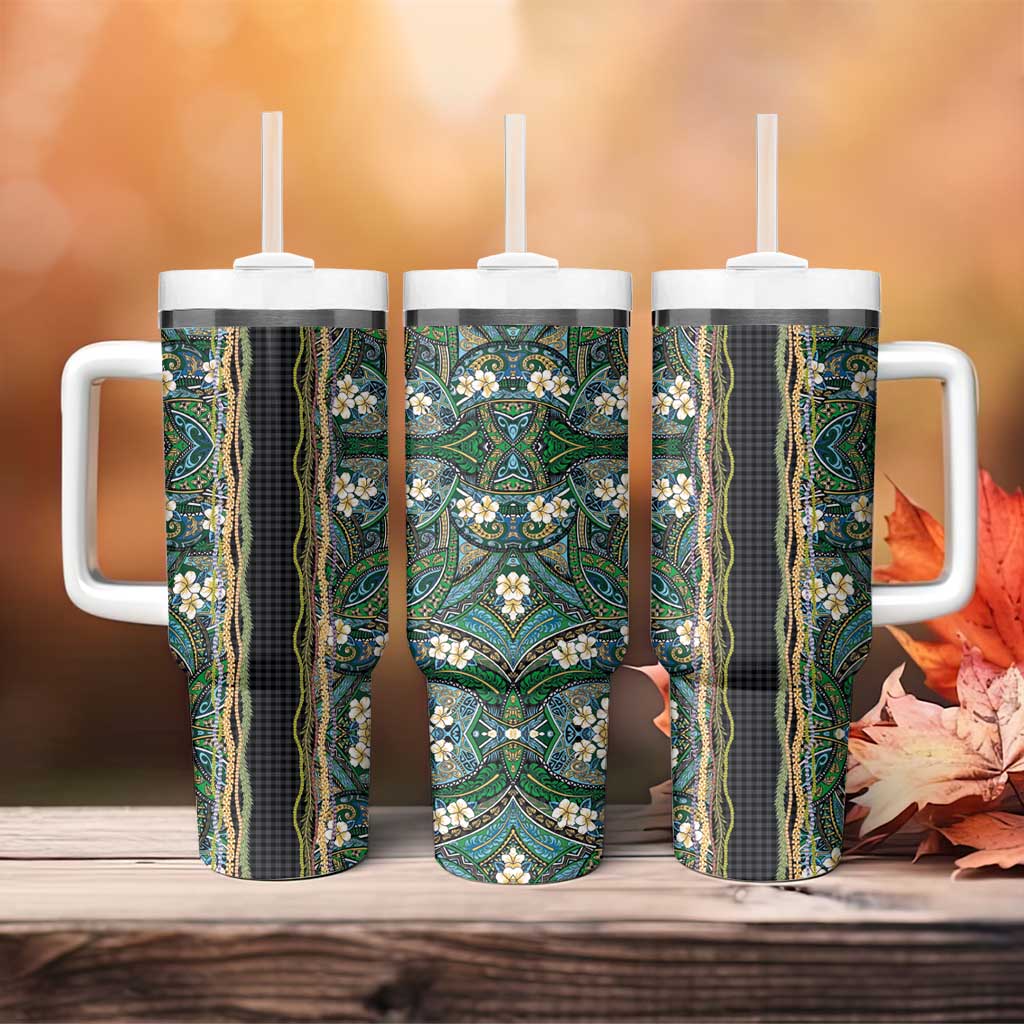 Hawaiian Art Flower Tribal with Lei Tumbler With Handle Palaka Pattern Black Color - Polynesian Pride