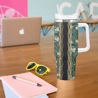 Hawaiian Art Flower Tribal with Lei Tumbler With Handle Palaka Pattern Black Color - Polynesian Pride