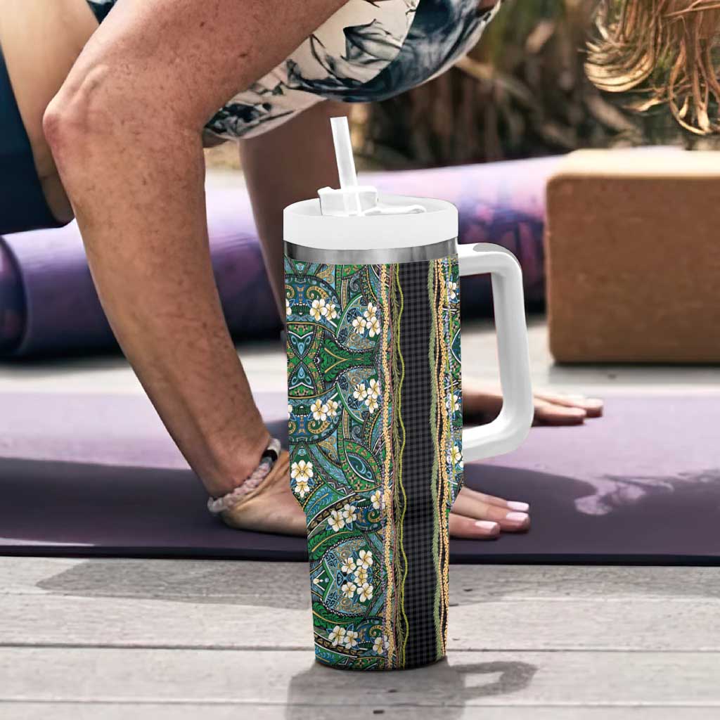 Hawaiian Art Flower Tribal with Lei Tumbler With Handle Palaka Pattern Black Color - Polynesian Pride