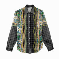 Hawaiian Art Flower Tribal with Lei Women Casual Shirt Palaka Pattern Black Color - Polynesian Pride