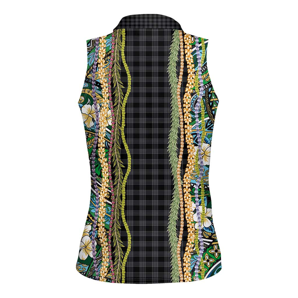 Hawaiian Art Flower Tribal with Lei Women Sleeveless Polo Shirt Palaka Pattern Black Color - Polynesian Pride