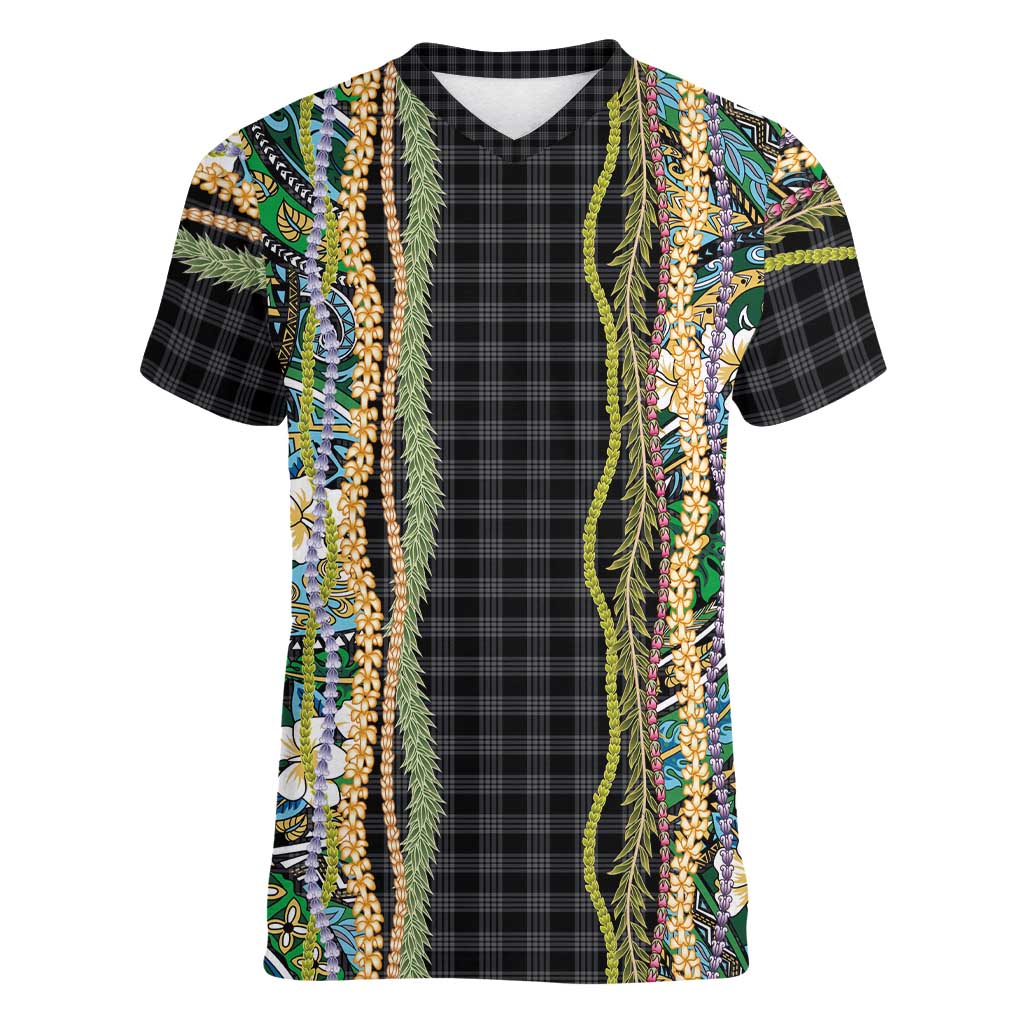 Hawaiian Art Flower Tribal with Lei Women V-Neck T-Shirt Palaka Pattern Black Color - Polynesian Pride
