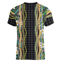 Hawaiian Art Flower Tribal with Lei Women V-Neck T-Shirt Palaka Pattern Black Color - Polynesian Pride