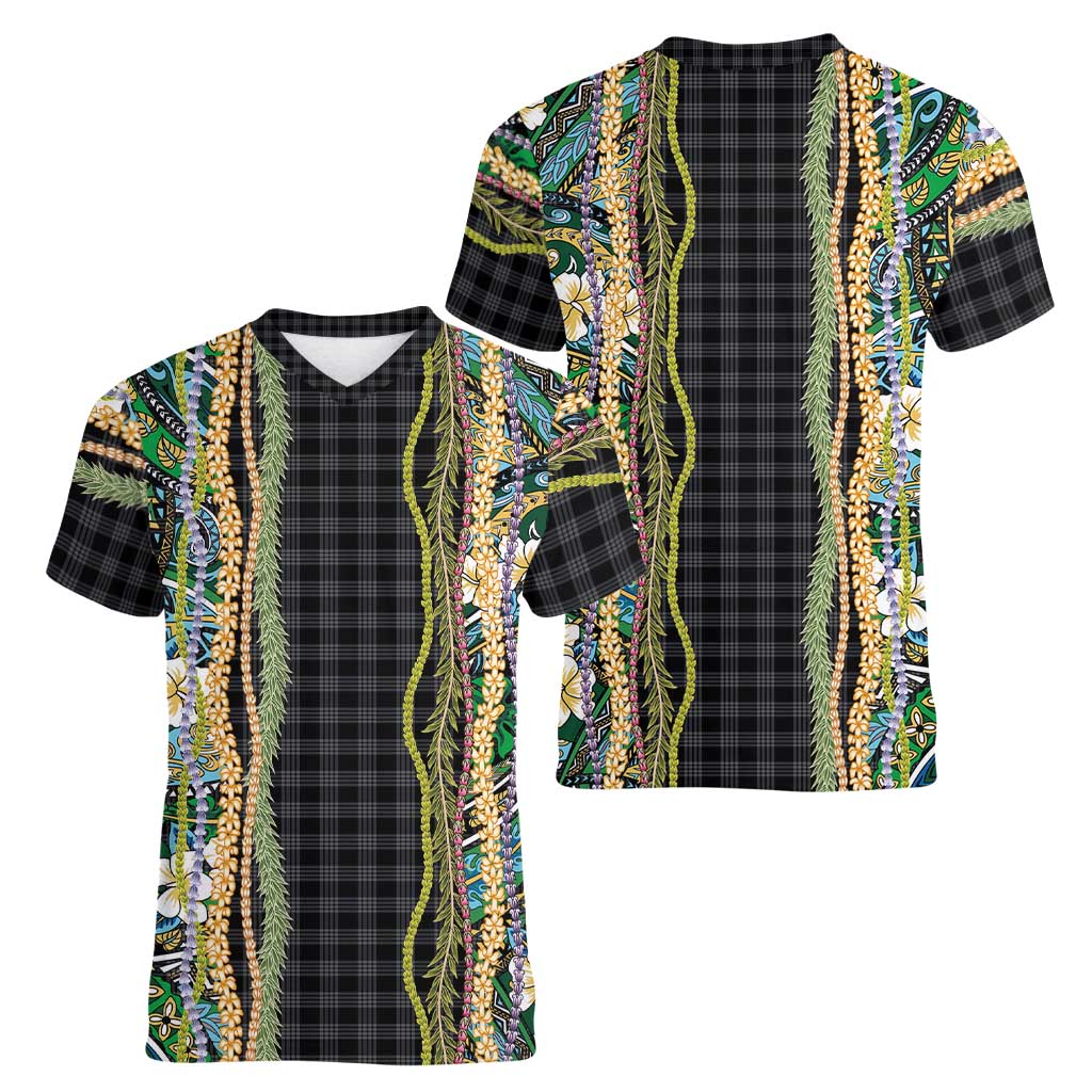 Hawaiian Art Flower Tribal with Lei Women V-Neck T-Shirt Palaka Pattern Black Color - Polynesian Pride