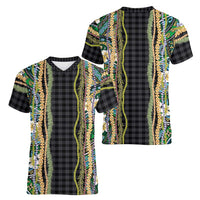 Hawaiian Art Flower Tribal with Lei Women V-Neck T-Shirt Palaka Pattern Black Color - Polynesian Pride