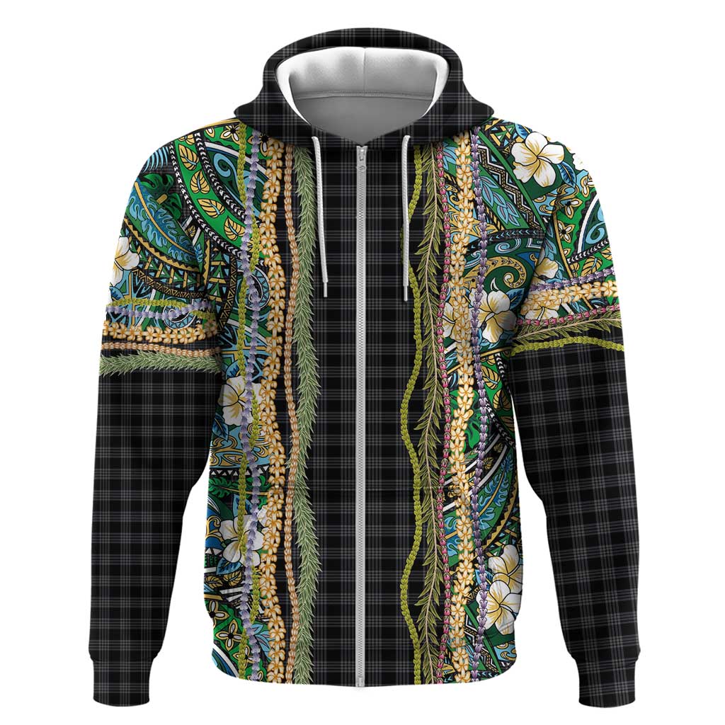 Hawaiian Art Flower Tribal with Lei Zip Hoodie Palaka Pattern Black Color LT03 Zip Hoodie Black - Polynesian Pride