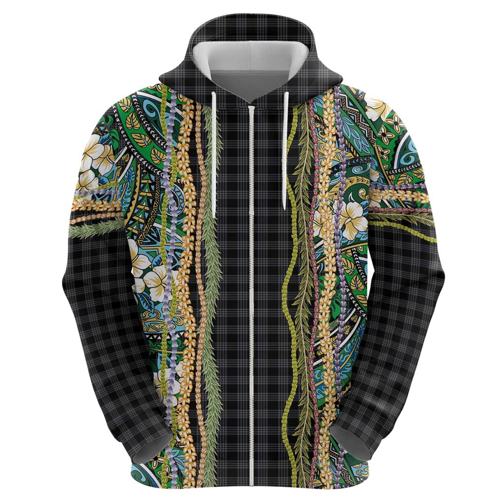 Hawaiian Art Flower Tribal with Lei Zip Hoodie Palaka Pattern Black Color LT03 - Polynesian Pride