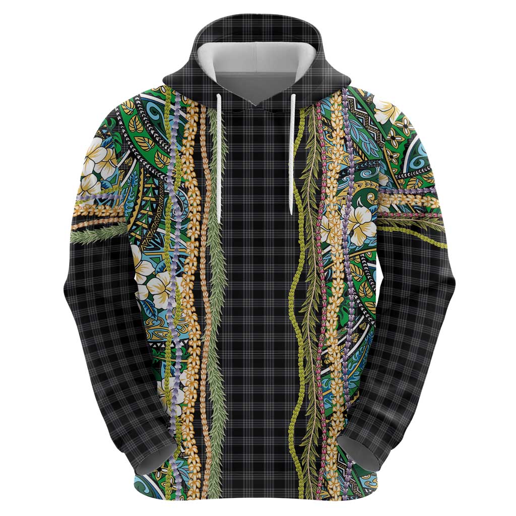 Hawaiian Art Flower Tribal with Lei Zip Hoodie Palaka Pattern Black Color LT03 - Polynesian Pride