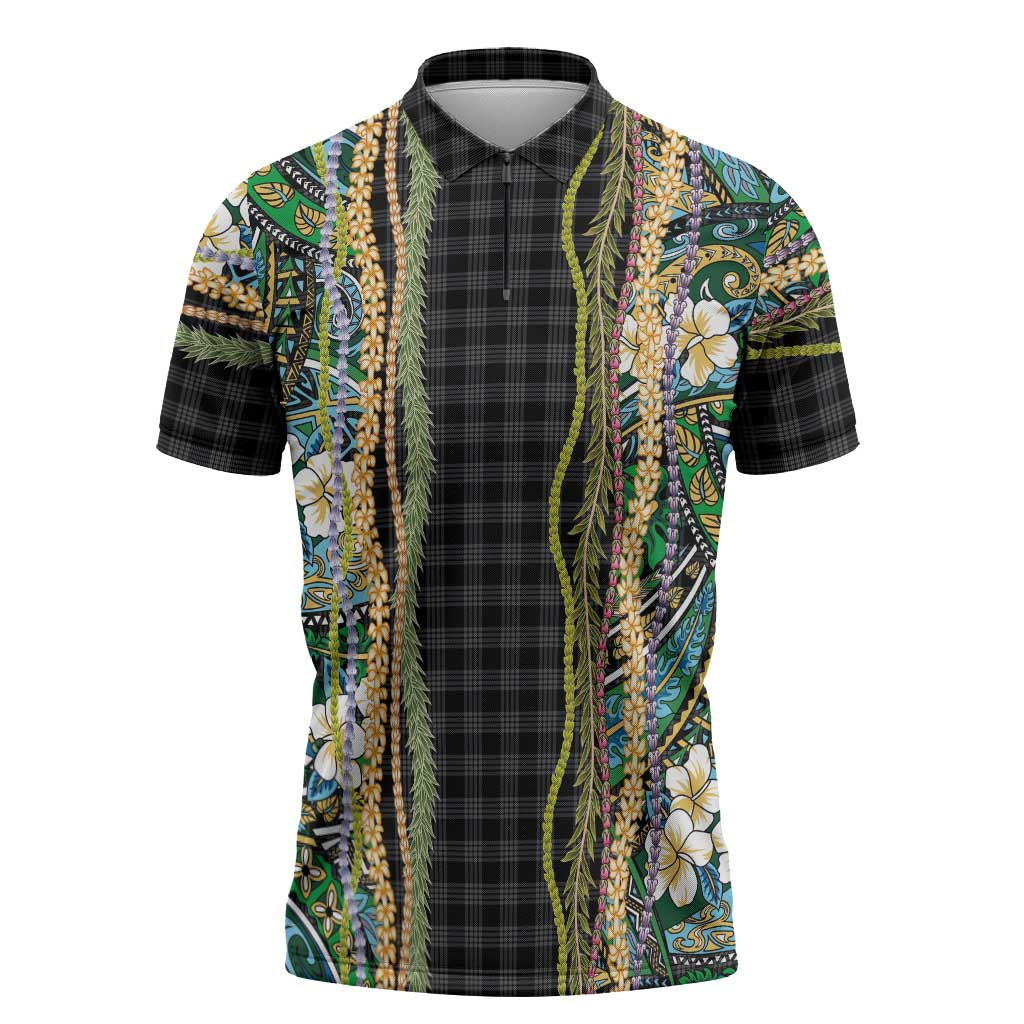 Hawaiian Art Flower Tribal with Lei Zipper Polo Shirt Palaka Pattern Black Color - Polynesian Pride