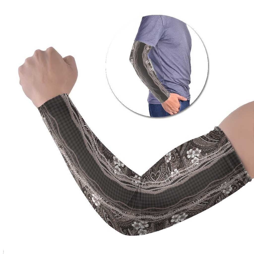 Hawaiian Art Flower Tribal with Lei Arm Sleeves Palaka Pattern Grayscale - Polynesian Pride