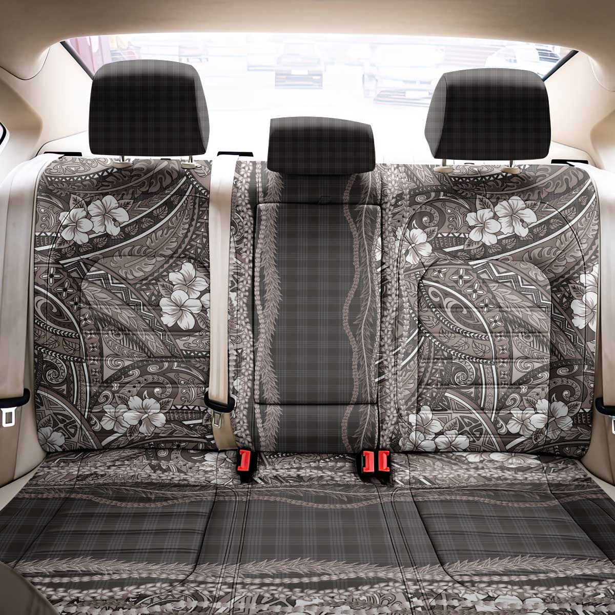 Hawaiian Art Flower Tribal with Lei Back Car Seat Cover Palaka Pattern Grayscale LT03 - Polynesian Pride