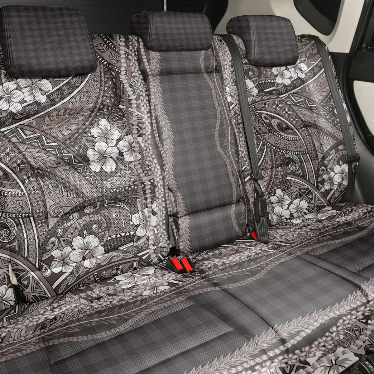 Hawaiian Art Flower Tribal with Lei Back Car Seat Cover Palaka Pattern Grayscale LT03 - Polynesian Pride