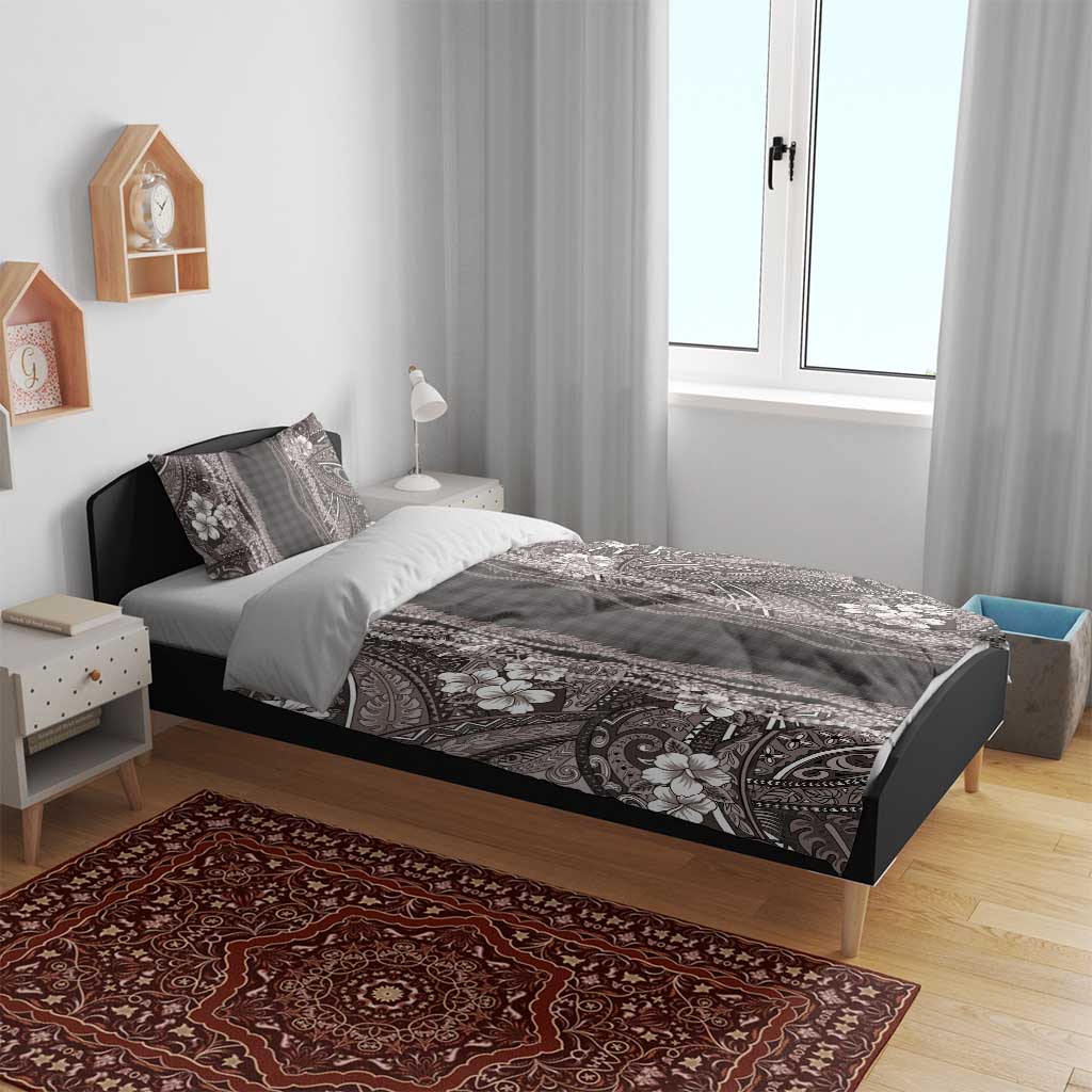 Hawaiian Art Flower Tribal with Lei Bedding Set Palaka Pattern Grayscale - Polynesian Pride