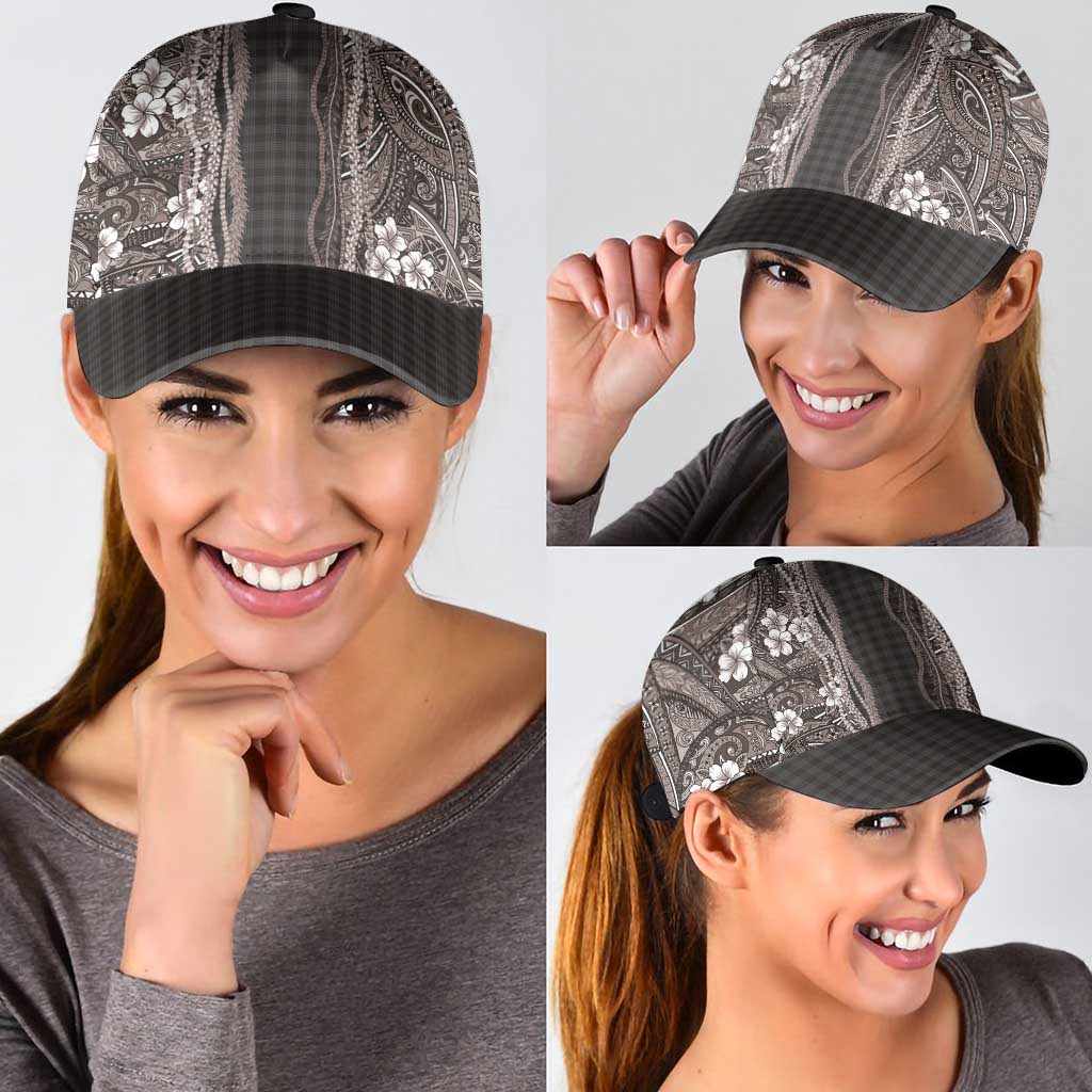Hawaiian Art Flower Tribal with Lei Classic Cap Palaka Pattern Grayscale - Polynesian Pride
