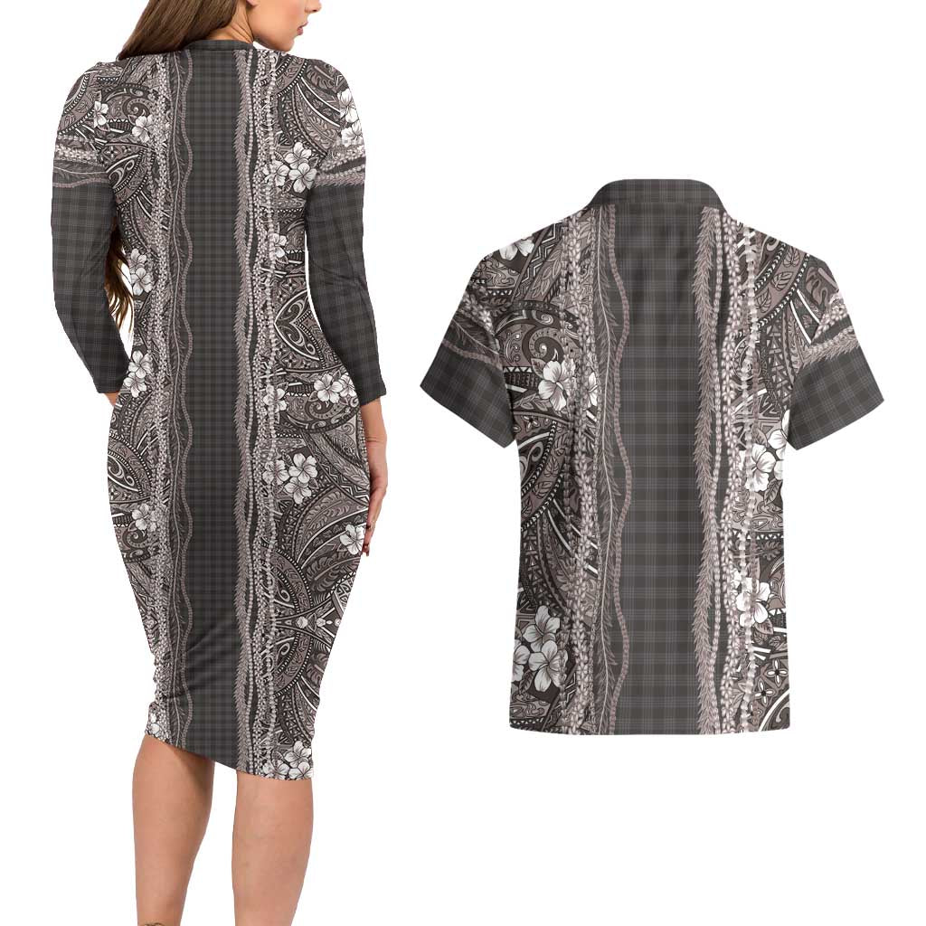 Hawaiian Art Flower Tribal with Lei Couples Matching Long Sleeve Bodycon Dress and Hawaiian Shirt Palaka Pattern Grayscale - Polynesian Pride