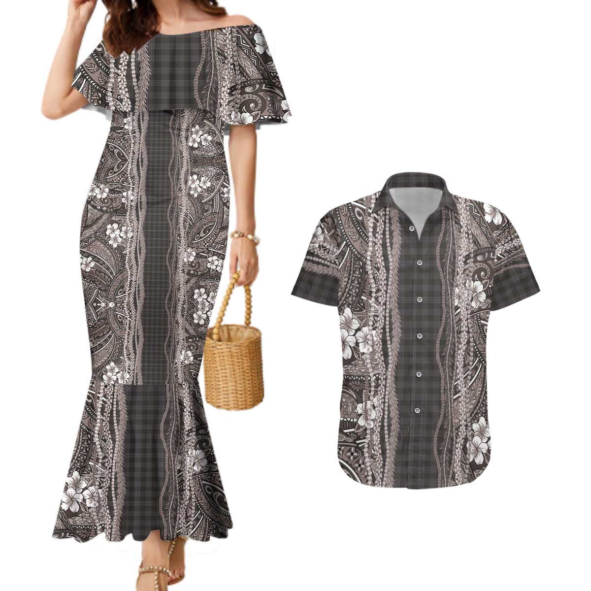 Hawaiian Art Flower Tribal with Lei Couples Matching Mermaid Dress and Hawaiian Shirt Palaka Pattern Grayscale LT03 Gray - Polynesian Pride