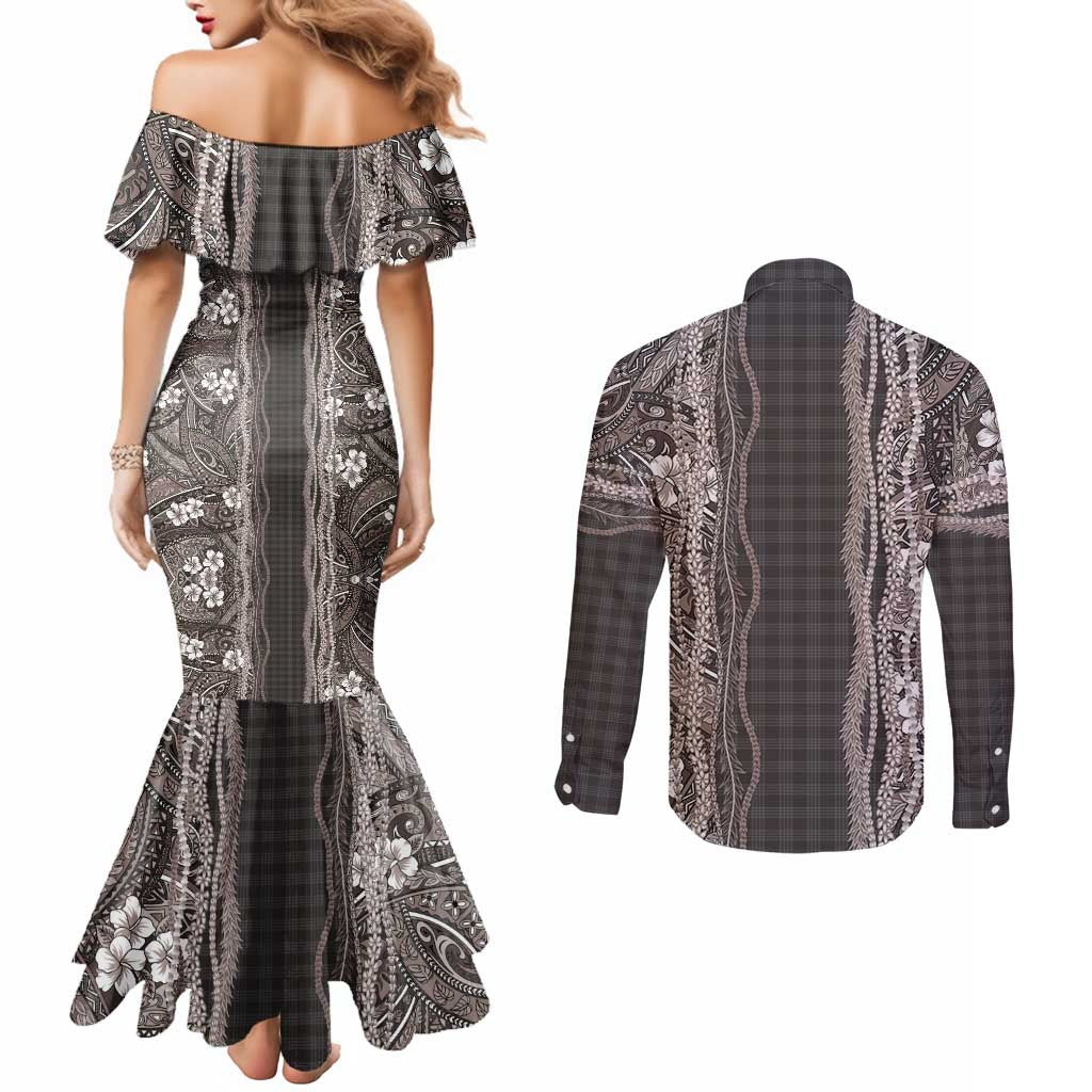 Hawaiian Art Flower Tribal with Lei Couples Matching Mermaid Dress and Long Sleeve Button Shirt Palaka Pattern Grayscale LT03 - Polynesian Pride