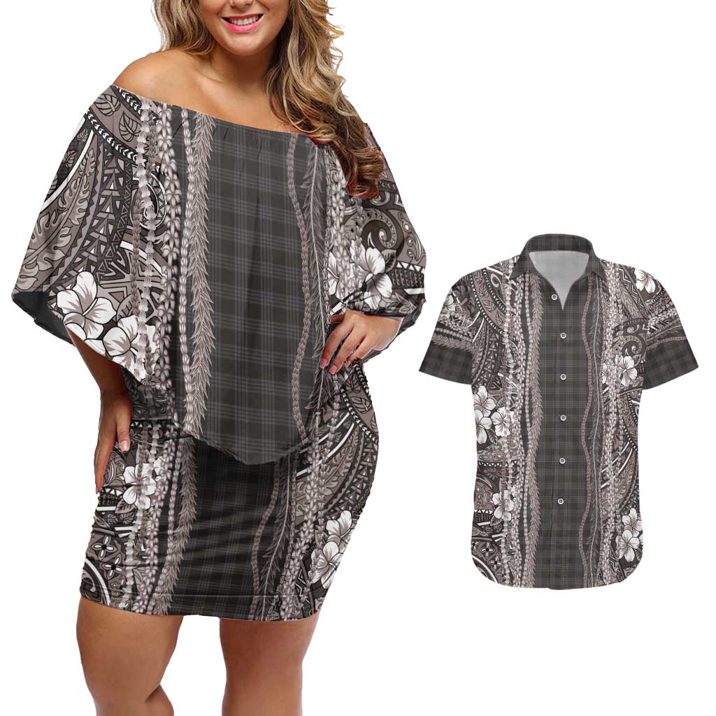 Hawaiian Art Flower Tribal with Lei Couples Matching Off Shoulder Short Dress and Hawaiian Shirt Palaka Pattern Grayscale LT03 Gray - Polynesian Pride