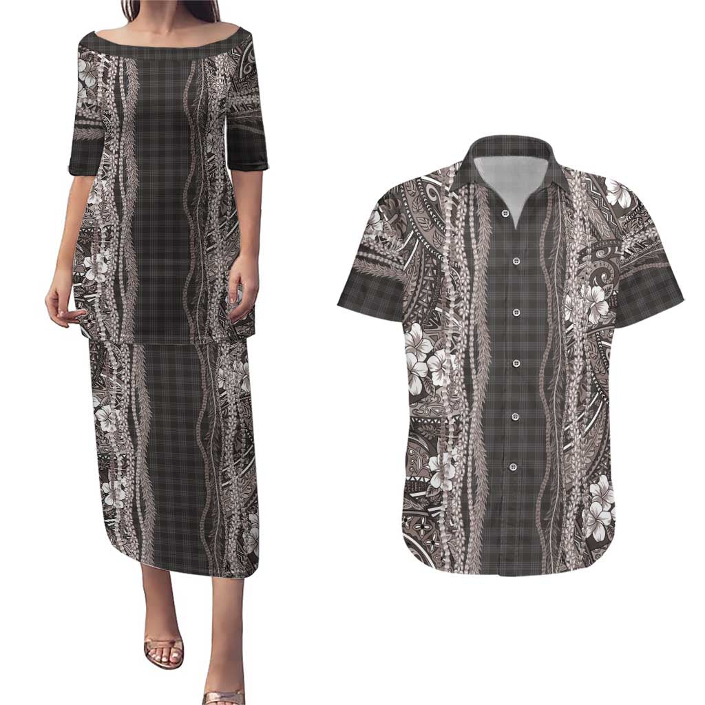 Hawaiian Art Flower Tribal with Lei Couples Matching Puletasi and Hawaiian Shirt Palaka Pattern Grayscale LT03 Gray - Polynesian Pride