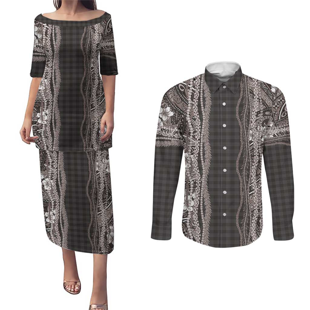 Hawaiian Art Flower Tribal with Lei Couples Matching Puletasi and Long Sleeve Button Shirt Palaka Pattern Grayscale - Polynesian Pride