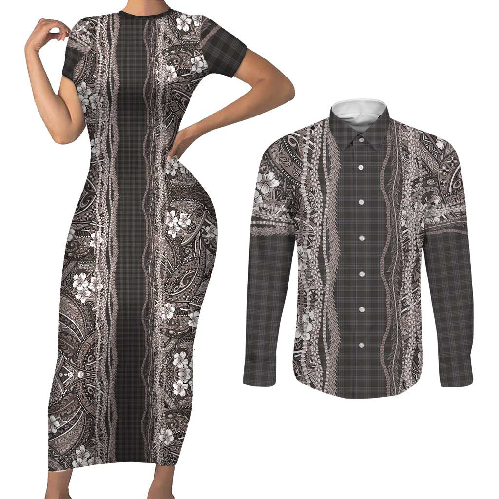 Hawaiian Art Flower Tribal with Lei Couples Matching Short Sleeve Bodycon Dress and Long Sleeve Button Shirt Palaka Pattern Grayscale - Polynesian Pride