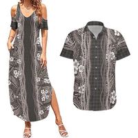 Hawaiian Art Flower Tribal with Lei Couples Matching Summer Maxi Dress and Hawaiian Shirt Palaka Pattern Grayscale - Polynesian Pride