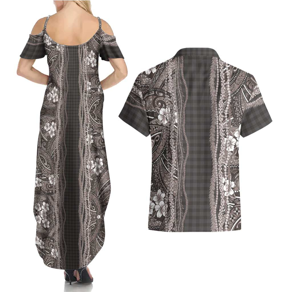 Hawaiian Art Flower Tribal with Lei Couples Matching Summer Maxi Dress and Hawaiian Shirt Palaka Pattern Grayscale - Polynesian Pride