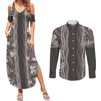 Hawaiian Art Flower Tribal with Lei Couples Matching Summer Maxi Dress and Long Sleeve Button Shirt Palaka Pattern Grayscale - Polynesian Pride