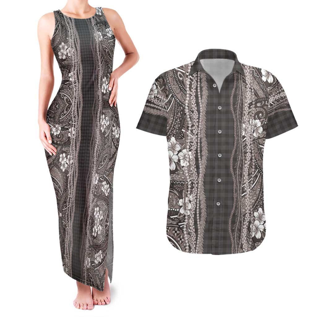 Hawaiian Art Flower Tribal with Lei Couples Matching Tank Maxi Dress and Hawaiian Shirt Palaka Pattern Grayscale LT03 Gray - Polynesian Pride
