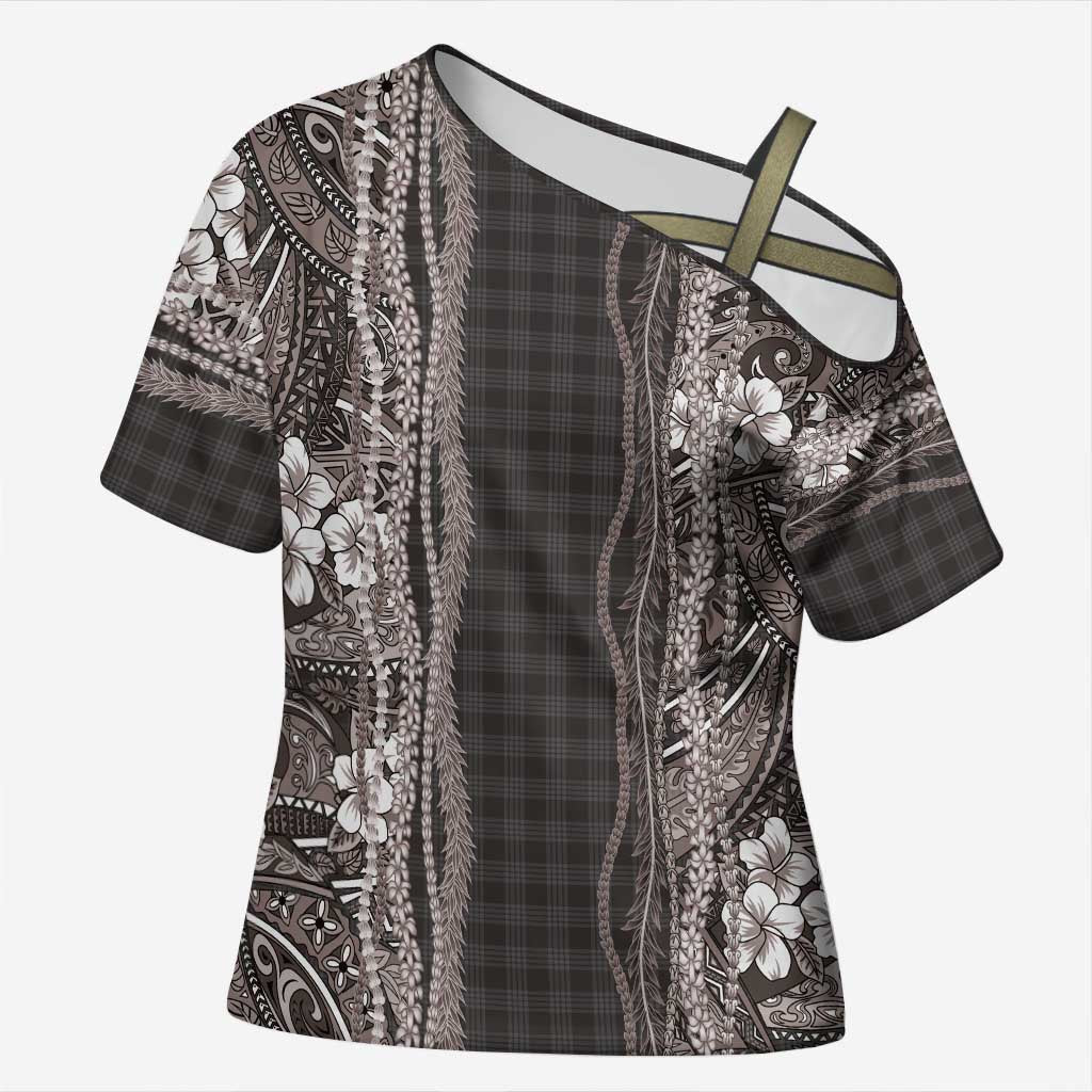 Hawaiian Art Flower Tribal with Lei Cross Shoulder Shirt Palaka Pattern Grayscale LT03 Female Gray - Polynesian Pride