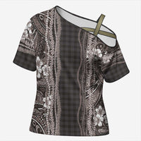 Hawaiian Art Flower Tribal with Lei Cross Shoulder Shirt Palaka Pattern Grayscale LT03 Female Gray - Polynesian Pride