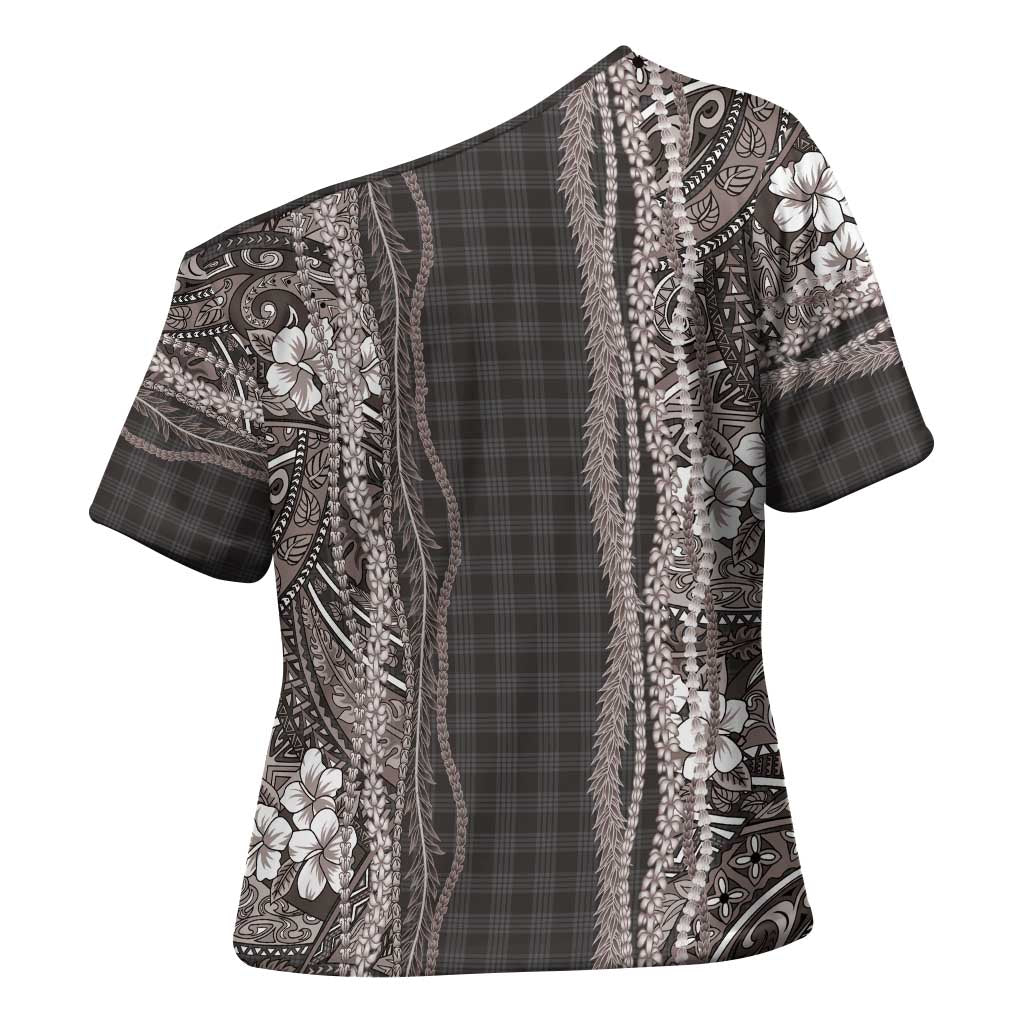 Hawaiian Art Flower Tribal with Lei Cross Shoulder Shirt Palaka Pattern Grayscale LT03 - Polynesian Pride