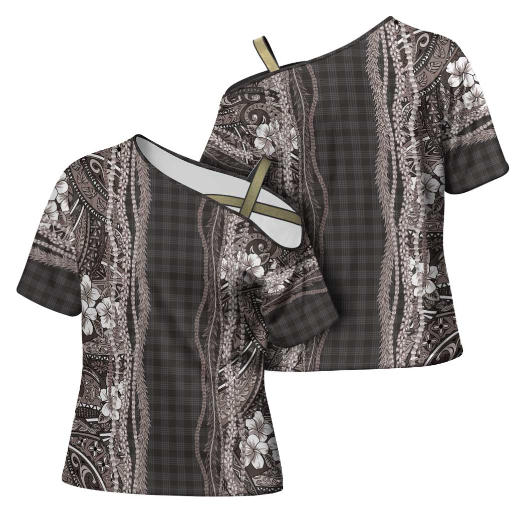 Hawaiian Art Flower Tribal with Lei Cross Shoulder Shirt Palaka Pattern Grayscale LT03 - Polynesian Pride