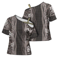Hawaiian Art Flower Tribal with Lei Cross Shoulder Shirt Palaka Pattern Grayscale LT03 - Polynesian Pride