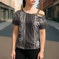 Hawaiian Art Flower Tribal with Lei Cross Shoulder Shirt Palaka Pattern Grayscale LT03 - Polynesian Pride