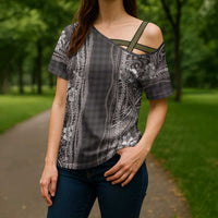 Hawaiian Art Flower Tribal with Lei Cross Shoulder Shirt Palaka Pattern Grayscale LT03 - Polynesian Pride