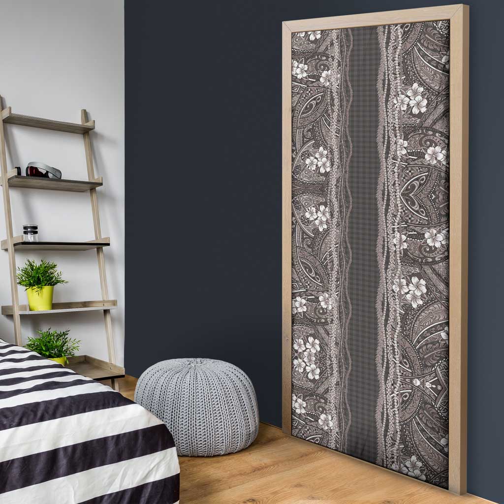 Hawaiian Art Flower Tribal with Lei Door Cover Palaka Pattern Grayscale - Polynesian Pride