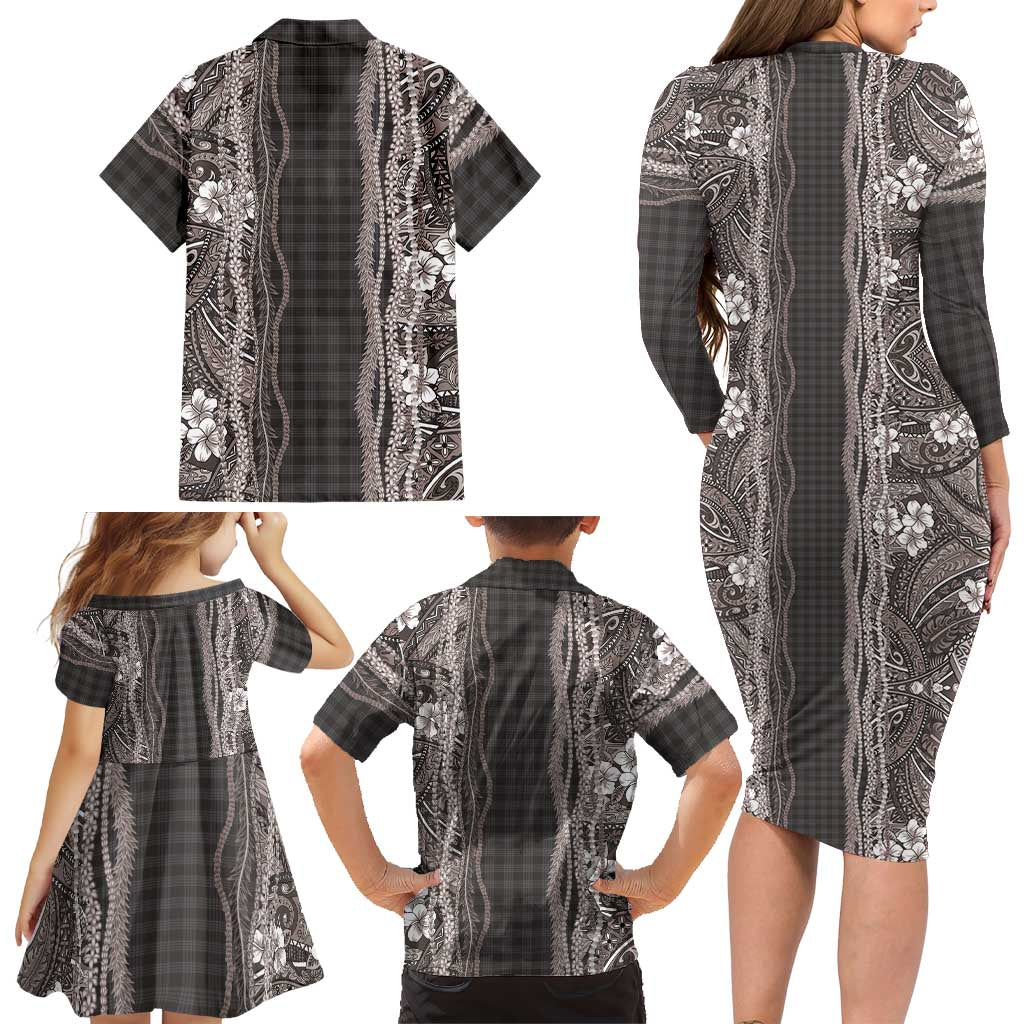 Hawaiian Art Flower Tribal with Lei Family Matching Long Sleeve Bodycon Dress and Hawaiian Shirt Palaka Pattern Grayscale - Polynesian Pride