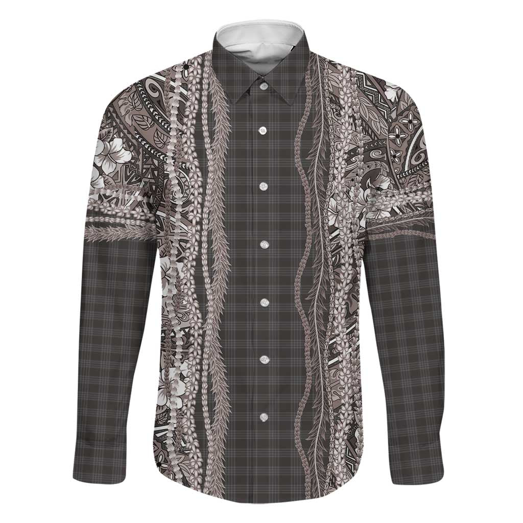 Hawaiian Art Flower Tribal with Lei Family Matching Long Sleeve Bodycon Dress and Hawaiian Shirt Palaka Pattern Grayscale - Polynesian Pride