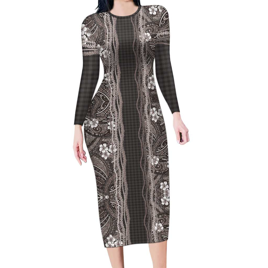 Hawaiian Art Flower Tribal with Lei Family Matching Long Sleeve Bodycon Dress and Hawaiian Shirt Palaka Pattern Grayscale - Polynesian Pride