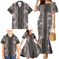 Hawaiian Art Flower Tribal with Lei Family Matching Mermaid Dress and Hawaiian Shirt Palaka Pattern Grayscale - Polynesian Pride