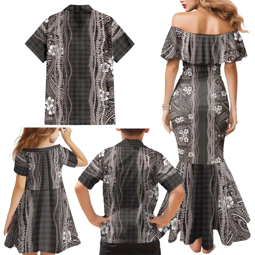 Hawaiian Art Flower Tribal with Lei Family Matching Mermaid Dress and Hawaiian Shirt Palaka Pattern Grayscale - Polynesian Pride