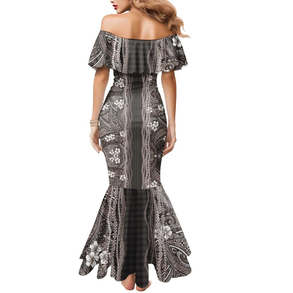 Hawaiian Art Flower Tribal with Lei Family Matching Mermaid Dress and Hawaiian Shirt Palaka Pattern Grayscale - Polynesian Pride