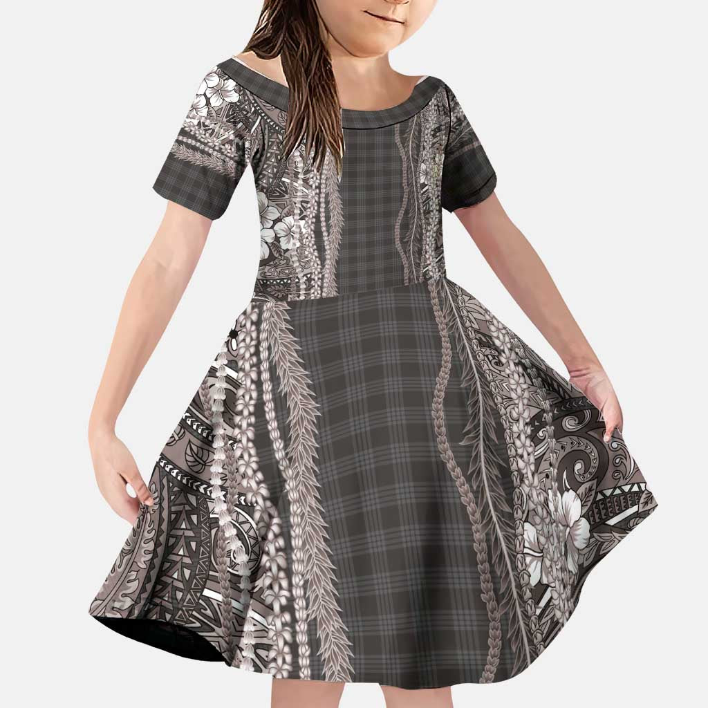 Hawaiian Art Flower Tribal with Lei Family Matching Off The Shoulder Long Sleeve Dress and Hawaiian Shirt Palaka Pattern Grayscale - Polynesian Pride