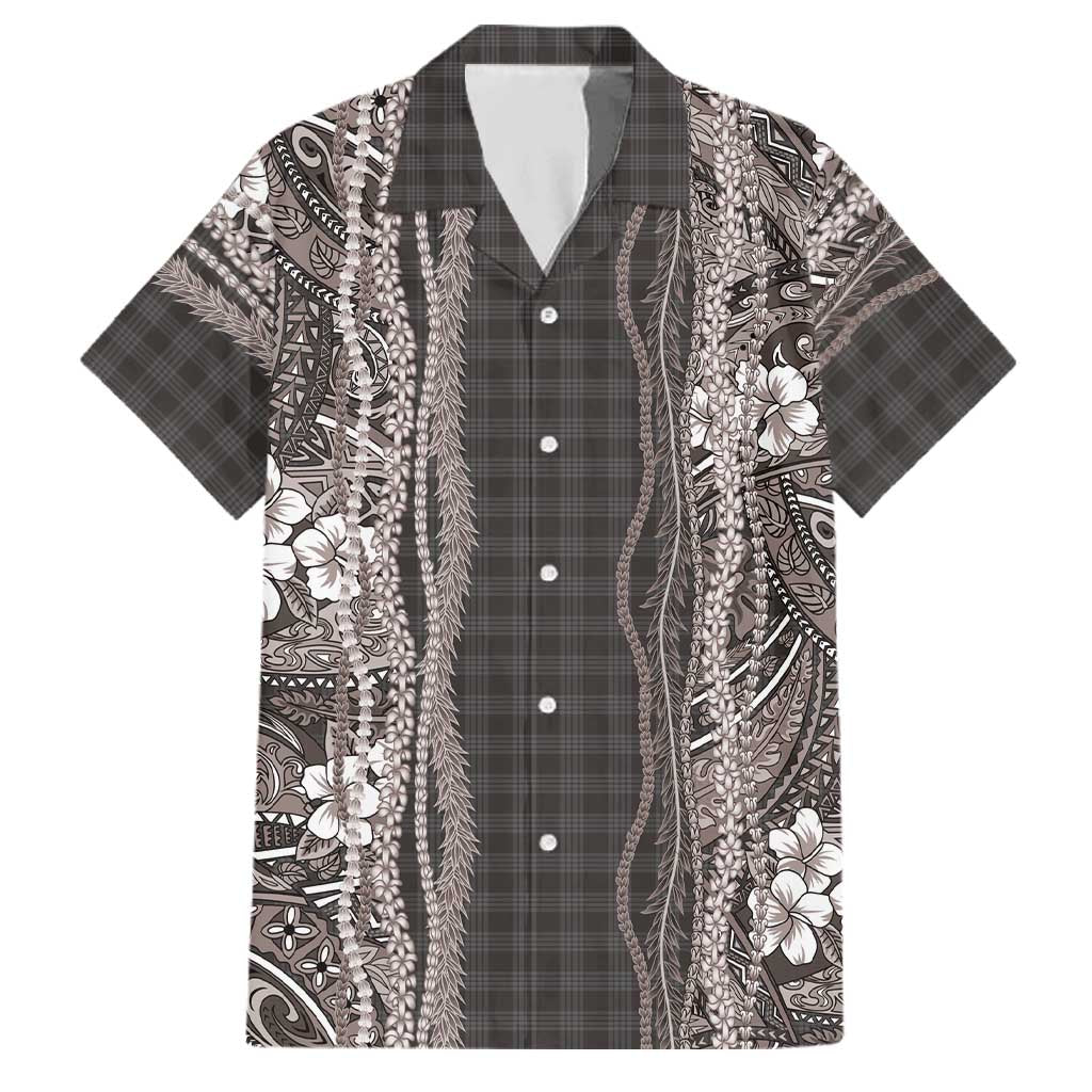Hawaiian Art Flower Tribal with Lei Family Matching Off The Shoulder Long Sleeve Dress and Hawaiian Shirt Palaka Pattern Grayscale - Polynesian Pride