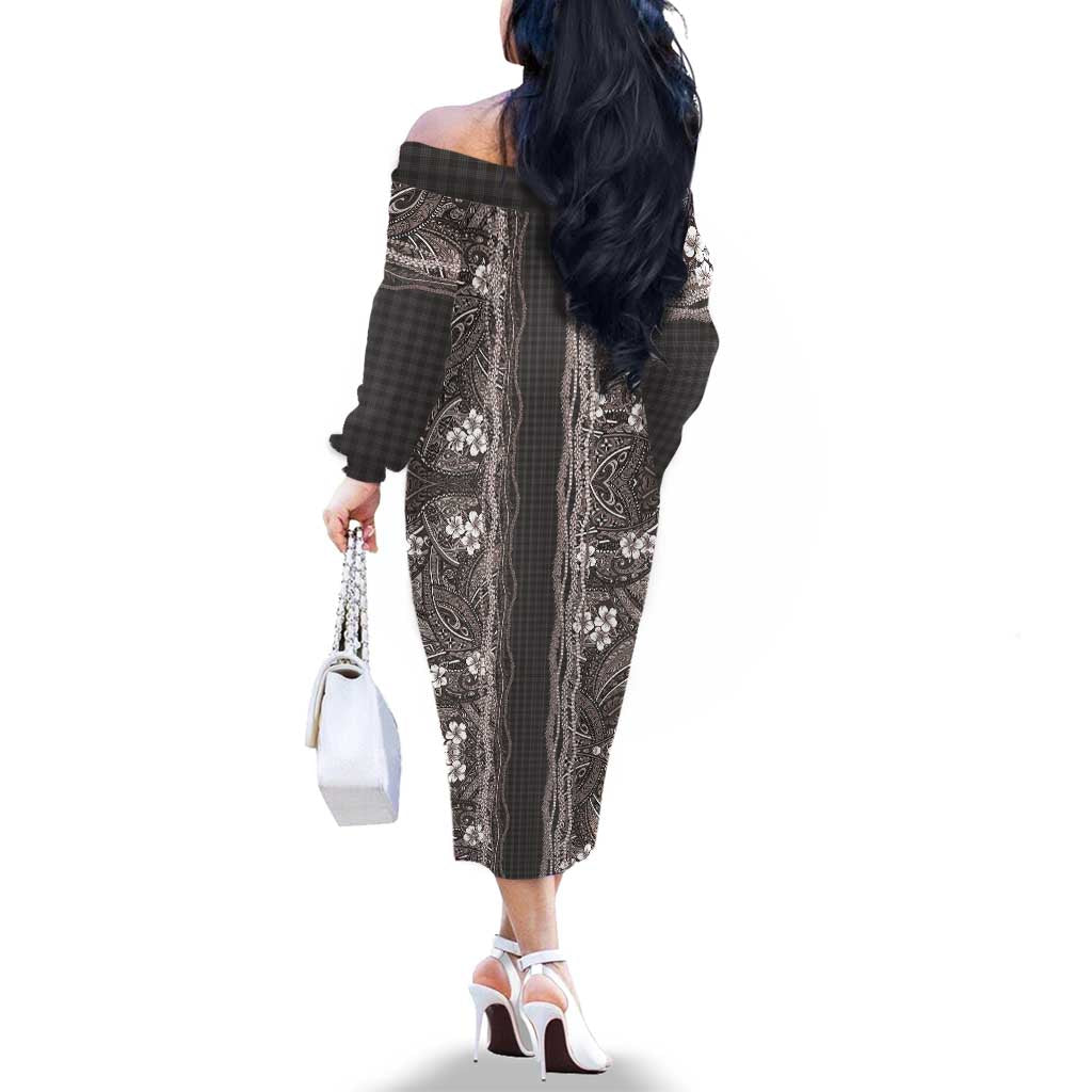 Hawaiian Art Flower Tribal with Lei Family Matching Off The Shoulder Long Sleeve Dress and Hawaiian Shirt Palaka Pattern Grayscale - Polynesian Pride