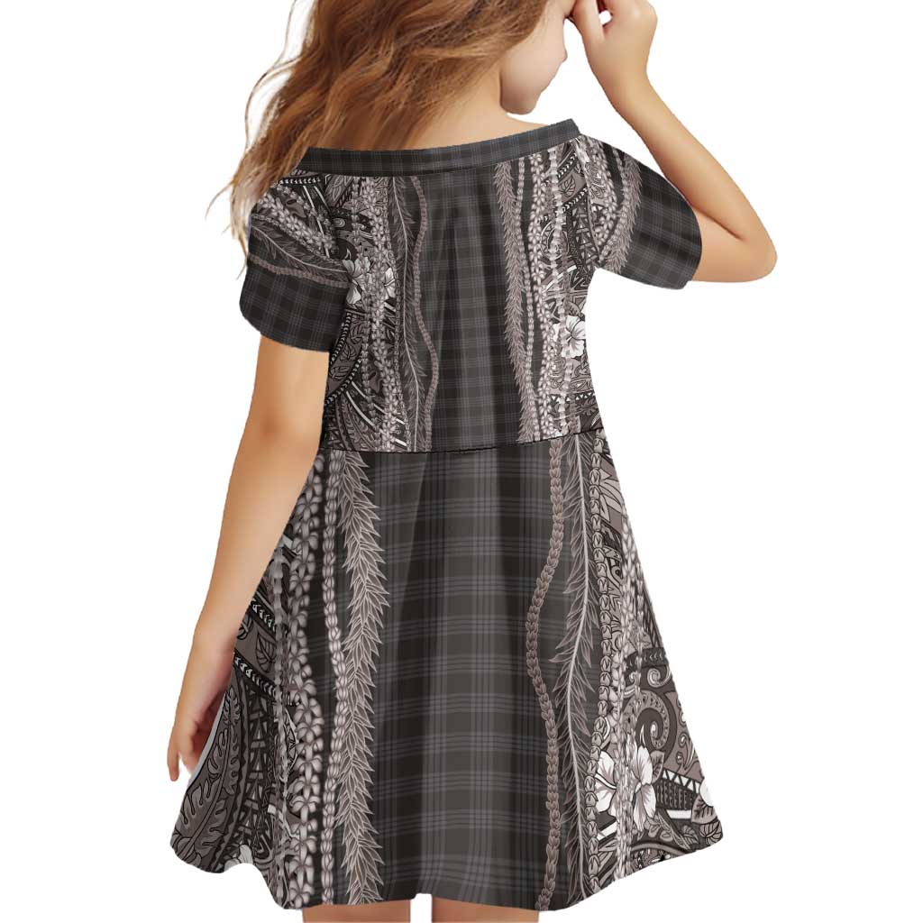 Hawaiian Art Flower Tribal with Lei Family Matching Off Shoulder Short Dress and Hawaiian Shirt Palaka Pattern Grayscale - Polynesian Pride