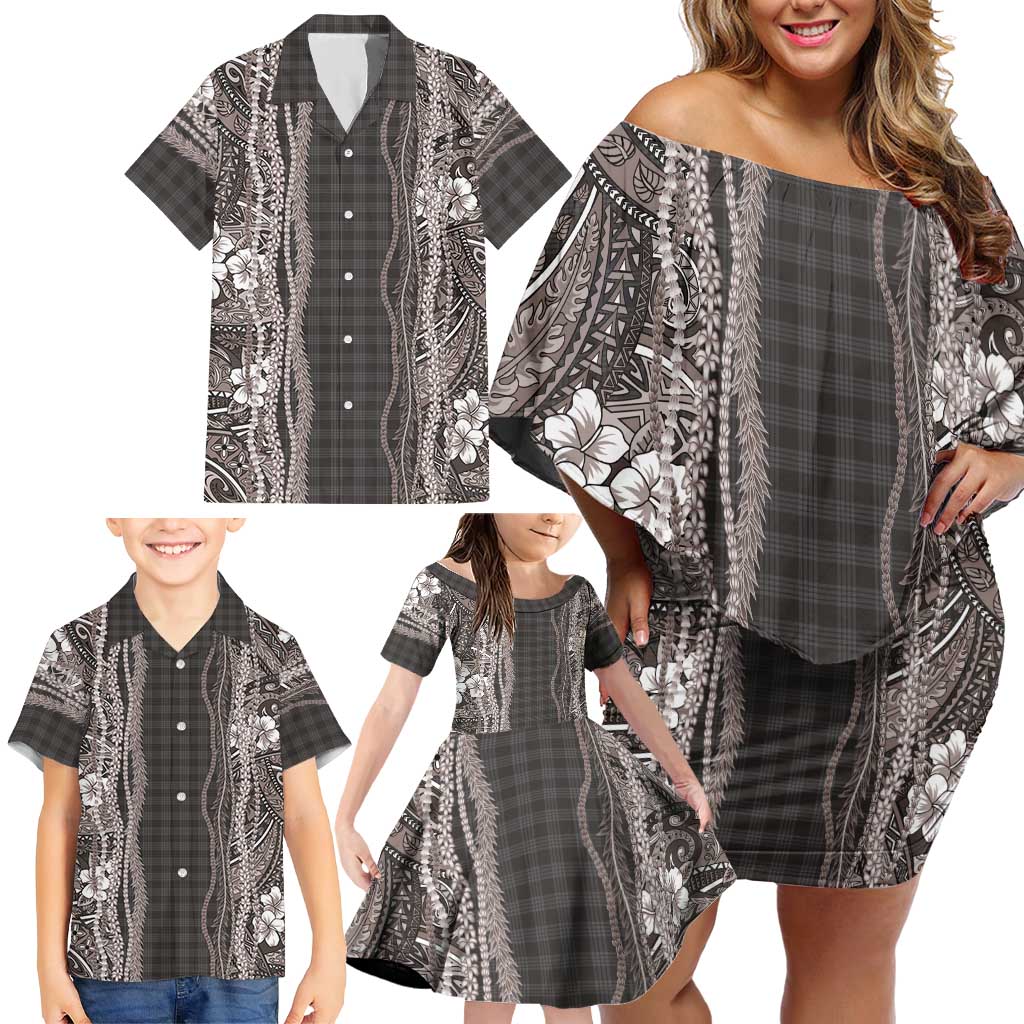 Hawaiian Art Flower Tribal with Lei Family Matching Off Shoulder Short Dress and Hawaiian Shirt Palaka Pattern Grayscale - Polynesian Pride